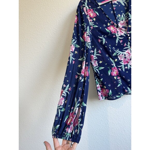 Prospect Women's Blue Pink Floral Blouse Henley V Neck Balloon Sleeve Sheer L - Picture 3 of 11